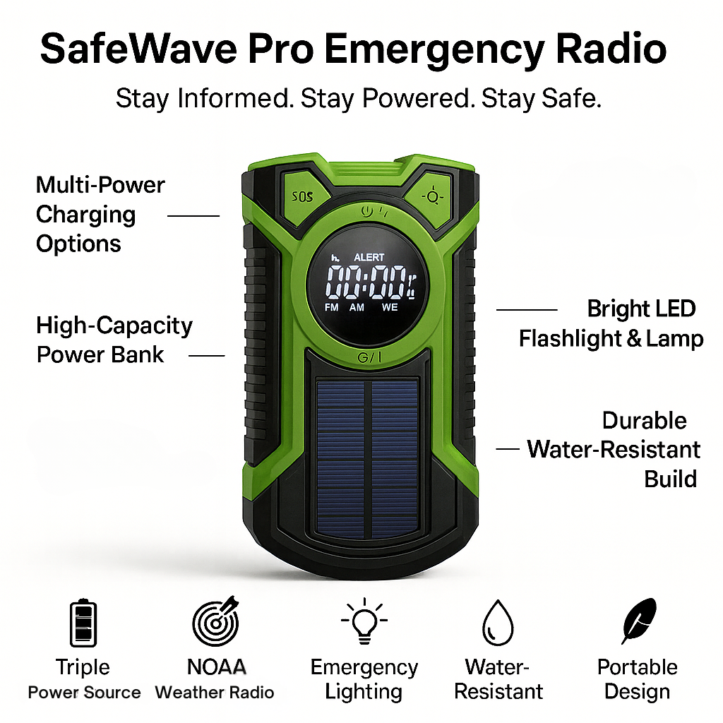 SafeWave Emergency Radio – Solar & Hand Crank Power Bank