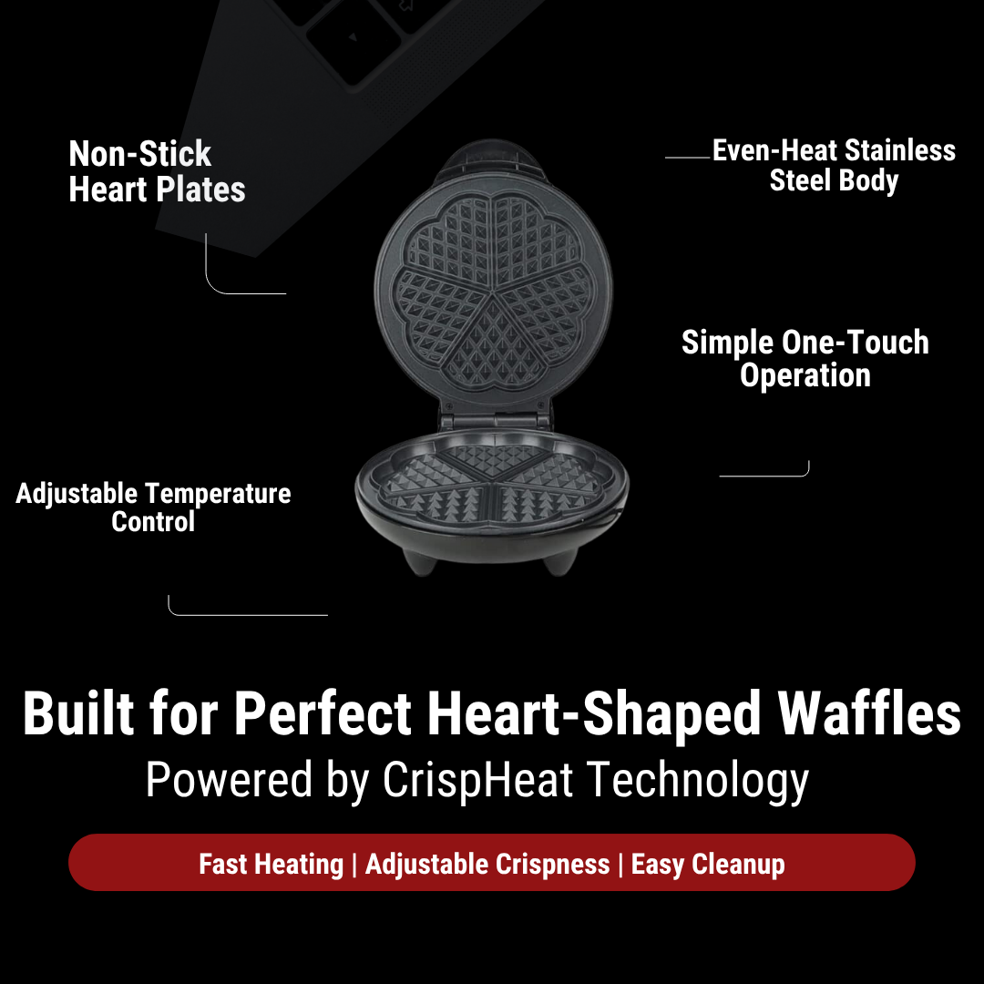 Crispella Heart Waffle Maker – 1000W Stainless Steel